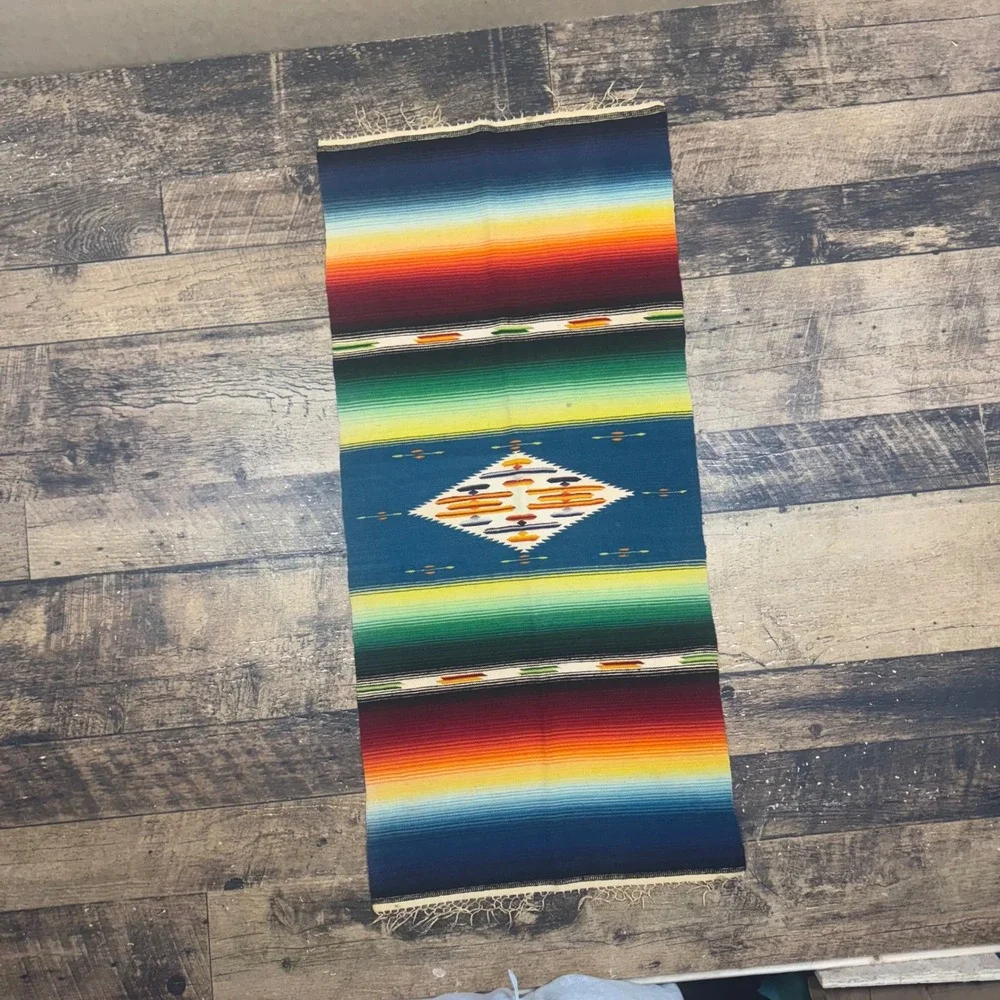 Antique Southwestern Serape Blanket Rug Table‎ Runner Fringe Teal Diamond